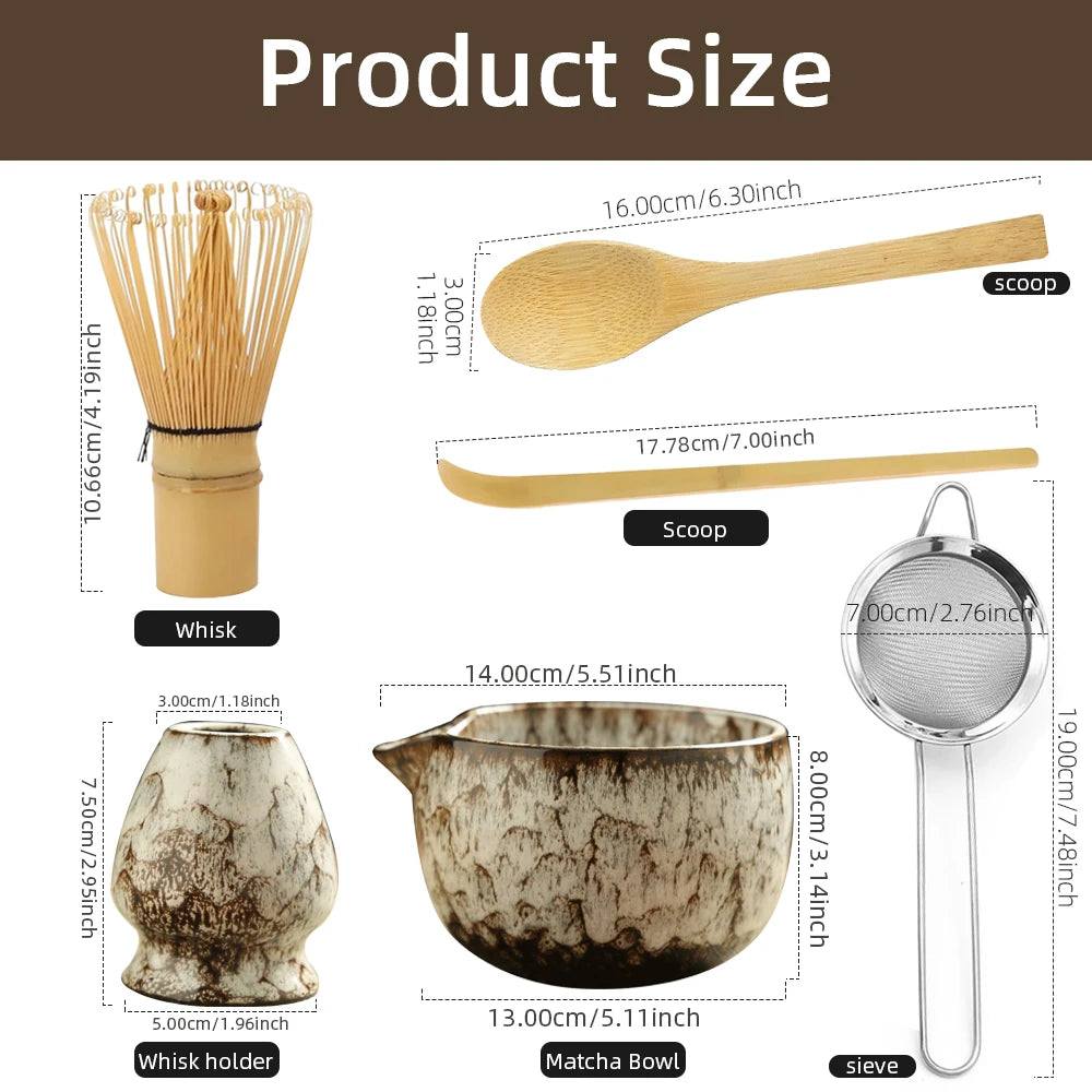 Japanese Matcha Tea Ceremony Set — Bamboo Whisk, Bowl & Stand (6 Pieces)