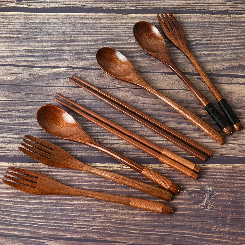 Portable Bamboo Cutlery Set — Natural Wood Spoon, Fork & Chopsticks