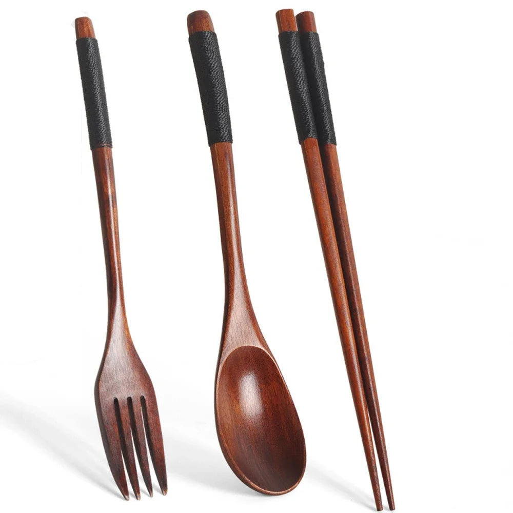 Portable Bamboo Cutlery Set — Natural Wood Spoon, Fork & Chopsticks