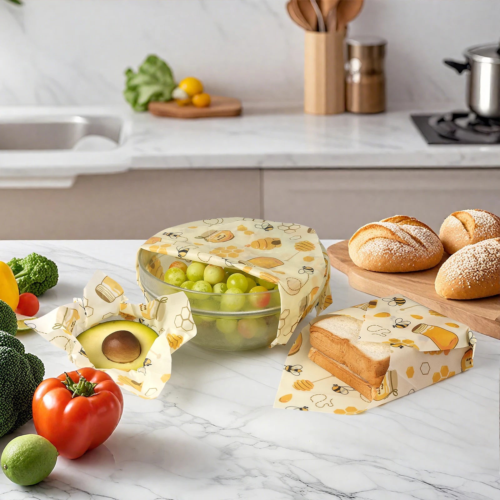 Organic Beeswax Food Wraps — Reusable, Washable, Zero Waste (Set of 3)