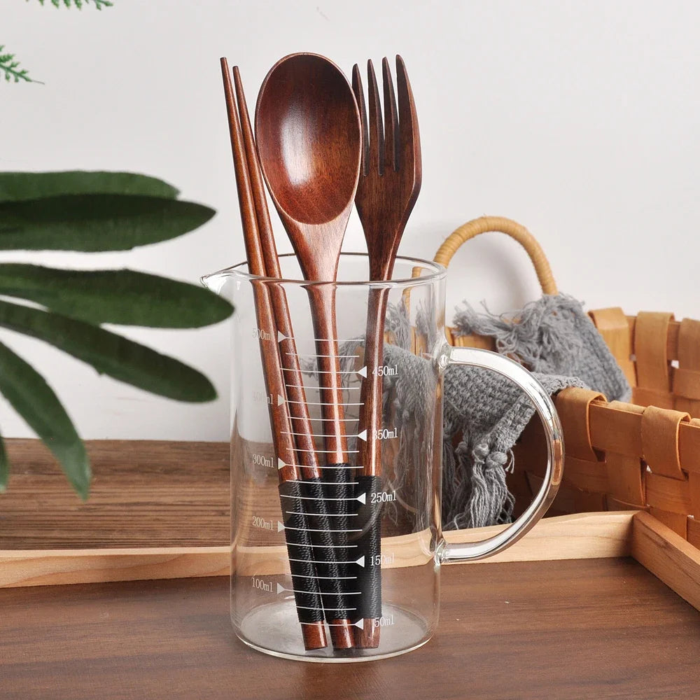 Portable Bamboo Cutlery Set — Natural Wood Spoon, Fork & Chopsticks
