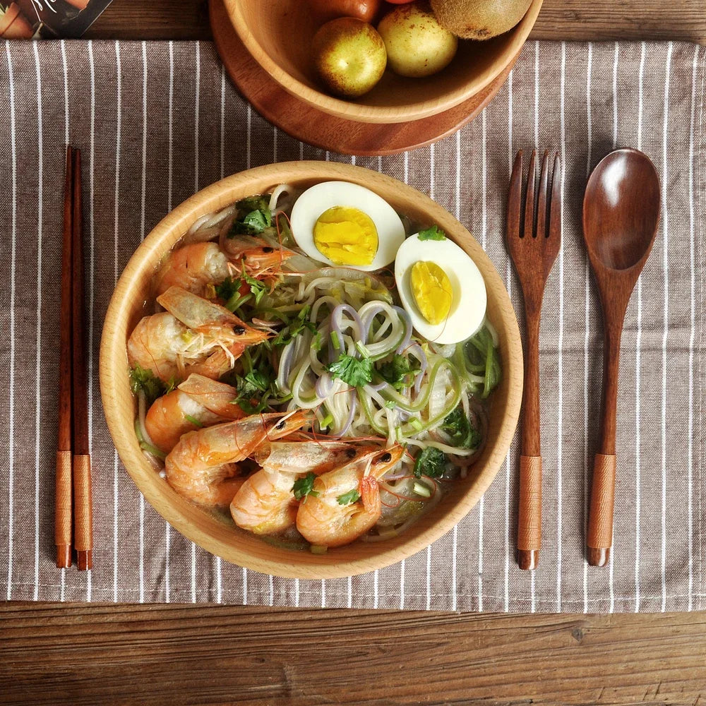 Portable Bamboo Cutlery Set — Natural Wood Spoon, Fork & Chopsticks