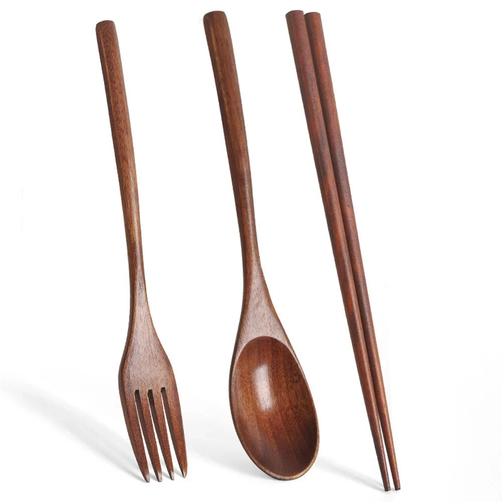 Portable Bamboo Cutlery Set — Natural Wood Spoon, Fork & Chopsticks
