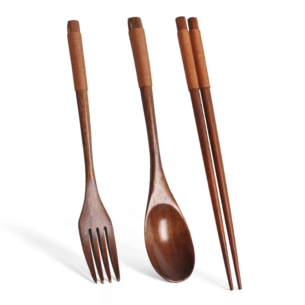 Portable Bamboo Cutlery Set — Natural Wood Spoon, Fork & Chopsticks
