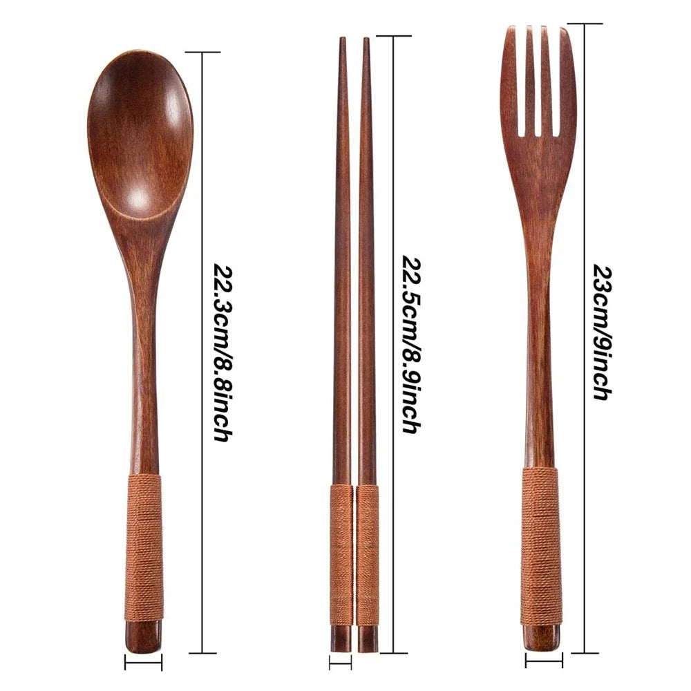 Portable Bamboo Cutlery Set — Natural Wood Spoon, Fork & Chopsticks