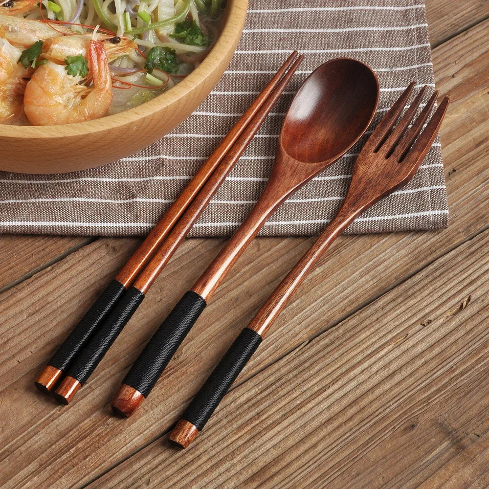 Portable Bamboo Cutlery Set — Natural Wood Spoon, Fork & Chopsticks